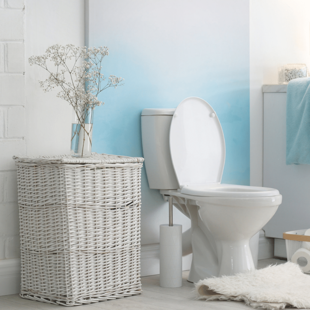 an open toilet in a blue and white bathroom