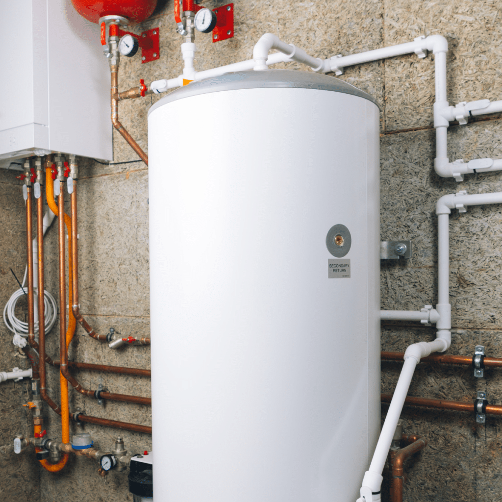a large water heater system installed next to a building's wall