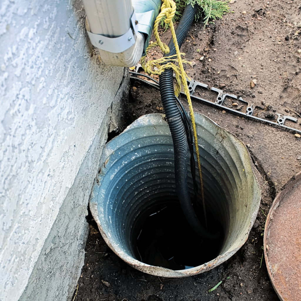 a sump pump installed in the Franklin, Pennsylvania ground with a tube going into it