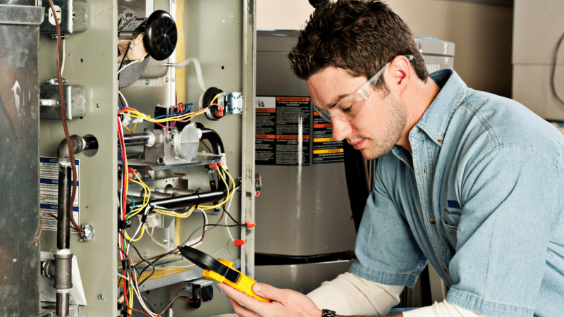 An HVAC technician performing a diagnostic report on an indoor furnace.