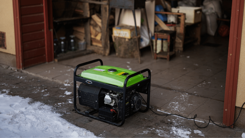 A green gasoline residential back-up generator sitting in front of the garage of a home.